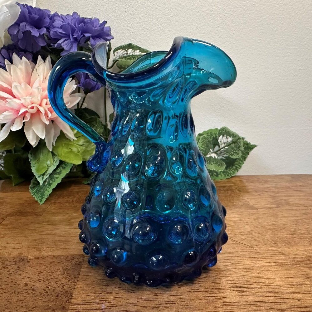 Empoli Blue Hobnail Glass Pitcher Vintage Italian Jug Vase‎ Retro Barware